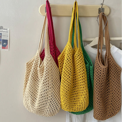 Casual Large Capacity Cotton Thread Woven Bag Hollow Out Cutout Straw Bag Idle Shoulder Bag Vacation Beach Bag Women Bag - Wanita Store