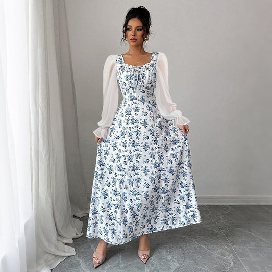 Women Long Sleeve Square Neck Dress Chiffon Stitching Knit Printed Large Swing Dress