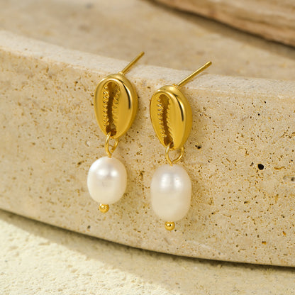 Electroplated 18K Gold Stainless Steel Crab Pincer Inlaid Freshwater Pearl Eardrops Stud Earrings High Grade Earrings - Wanita Store