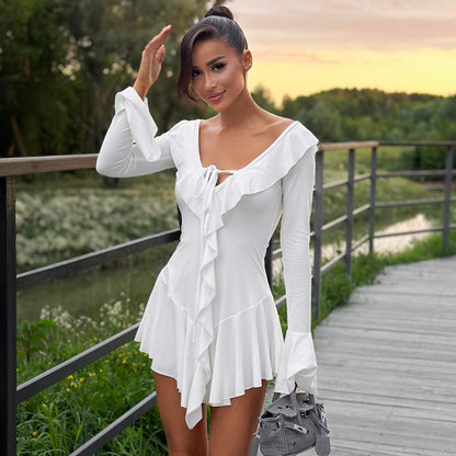 Women Clothing Ruffled Pointed Collar Rope Bell Sleeve Dress - Wanita Store