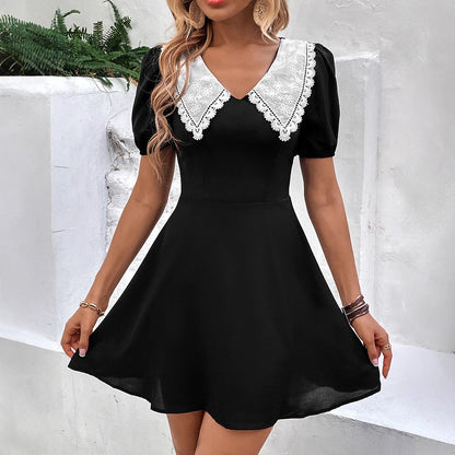 Summer Sweet Spicy Short Dress Contrast Color Doll Collar Puff Sleeve Dress - Wanita Store