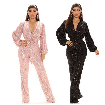 Fall High-End Women Sequ Deep V-neck Long Sleeve Jumpsuit Jumpsuit Trousers - Wanita Store
