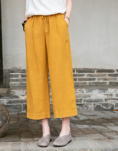 Spring Summer Cotton Linen Women Artistic Washed Lace up Linen Casual Straight Through Cropped Pants Women Cotton Linen Wide Leg Pants - Wanita Store