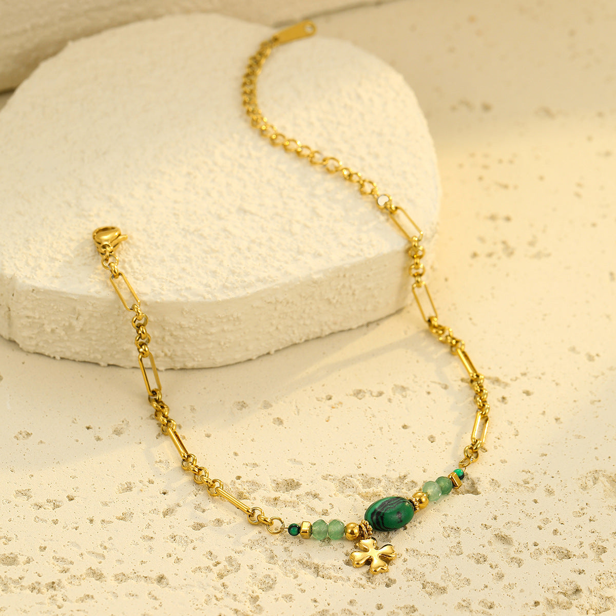 Stainless Steel Natural Stone Lapis Four-Leaf Clover Embellished Bracelet Women Titanium Steel Jewelry - Wanita Store