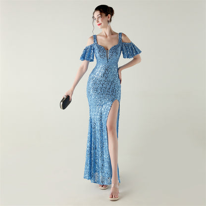 Bead Tube Sequin Heavy Industry Evening Dress Short Sleeve off the Shoulder Deep V Plunge High Slit Fishtail Dress Cocktail Socialite - Wanita Store