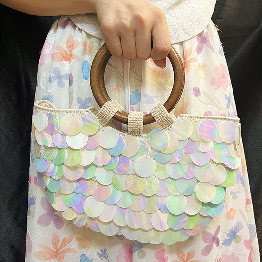 Spring Summer Colorful Shell Sequ Hand Woven Scale Silver Paillette Dinner Handbag