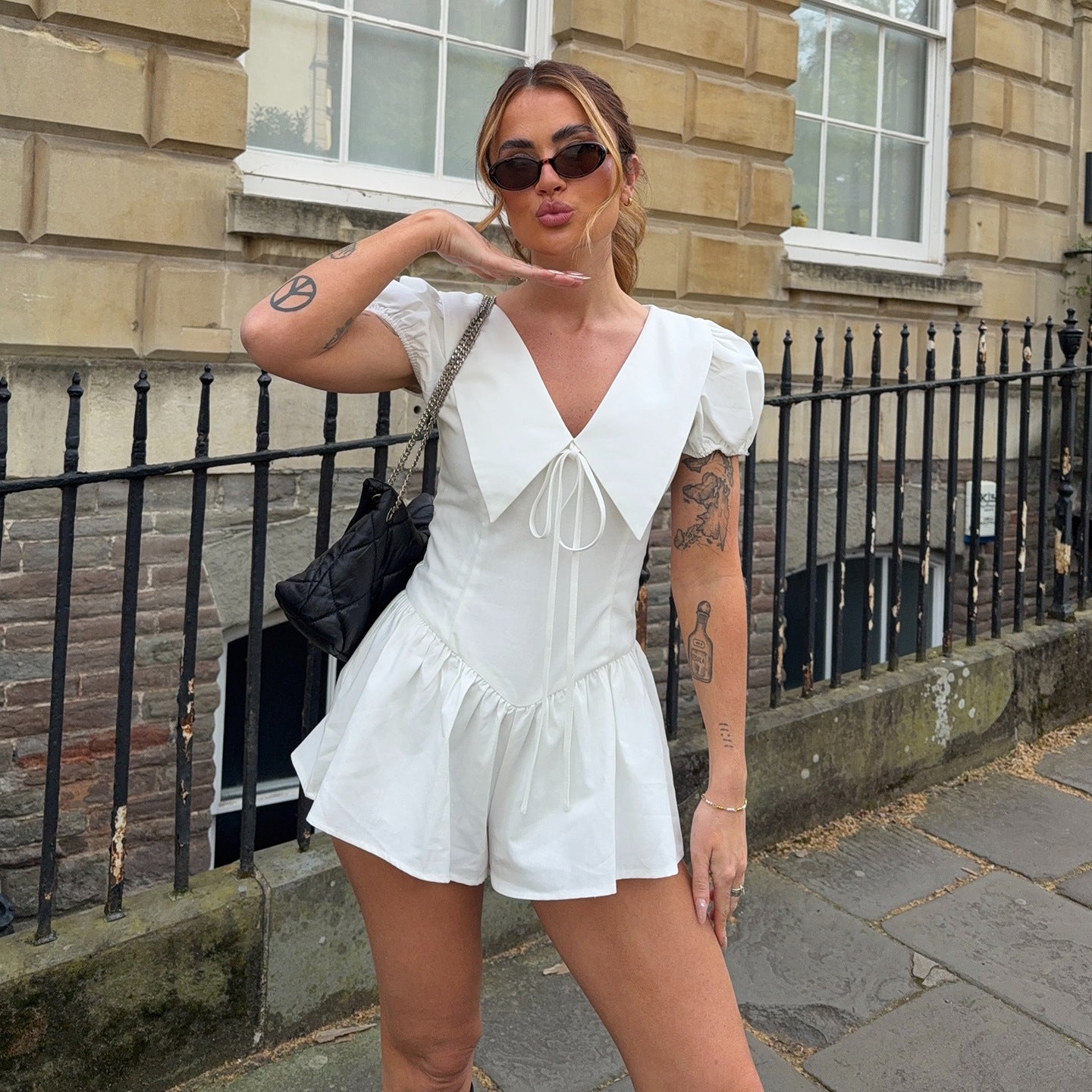 Puff Sleeve Cute V neck Lace up Short Sleeve Romper Summer Street Sexy Casual One Piece