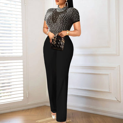 Round Neck Short Sleeve Beaded Jumpsuit Casual High Waist Slimming Party Dress Jumpsuit - Wanita Store