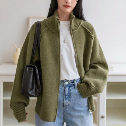 Lazy Sweater Coat Women Autumn Winter Korean Solid Color Stand Collar Zipper Knitted Cardigan Top - Wanita Store