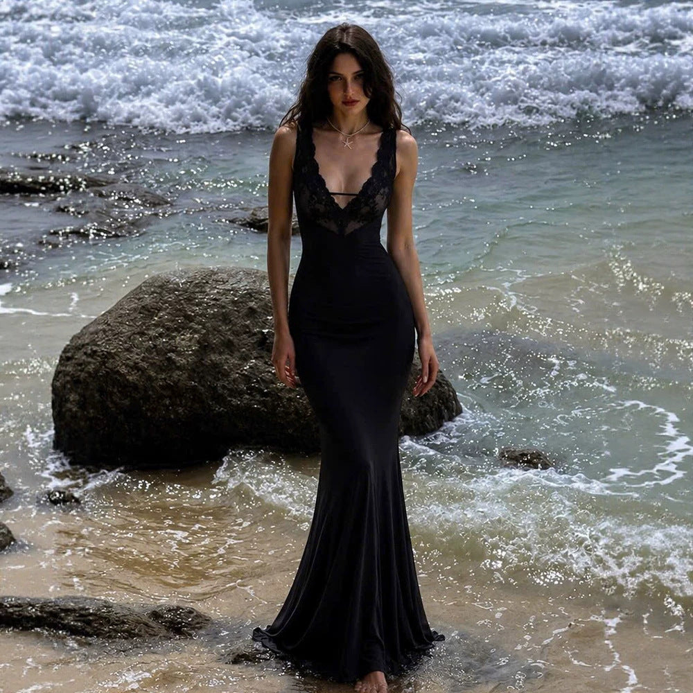 Black Lace V neck Suspender Fishtail Dress Slim Fit Draping Mop Long Evening Dress Women Clothing