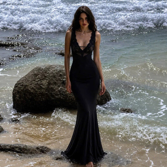 Black Lace V neck Suspender Fishtail Dress Slim Fit Draping Mop Long Evening Dress Women Clothing
