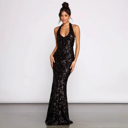 Women Clothing Sexy Hanging Collar Sequ Dress All Matching Formal Dress - Wanita Store