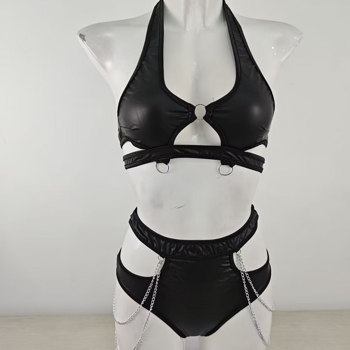 Sexy Metal Chain Buckle Patent Leather Halter Two Piece Sexy Lingerie Set