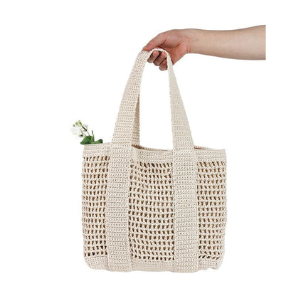 Casual Large Capacity Cotton Thread Woven Bag Hollow Out Cutout Straw Bag Seaside Vacation Beach Bag Mesh Shoulder Bag - Wanita Store