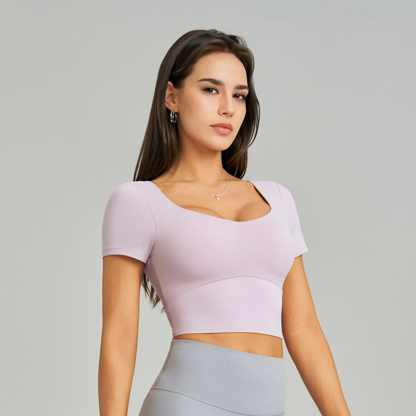 Cross Mesh Backless Yoga Clothes Square Collar Semi-Fixed Cup Shockproof High Elastic Breathability Fitness Short Sleeve Women