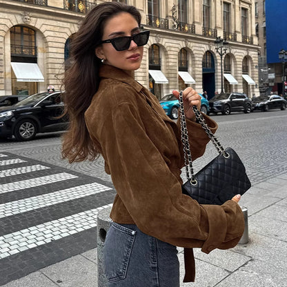 French Suede Collar Casual Double Breasted Coat Fall Winter Brushed Velvet Coat - Wanita Store