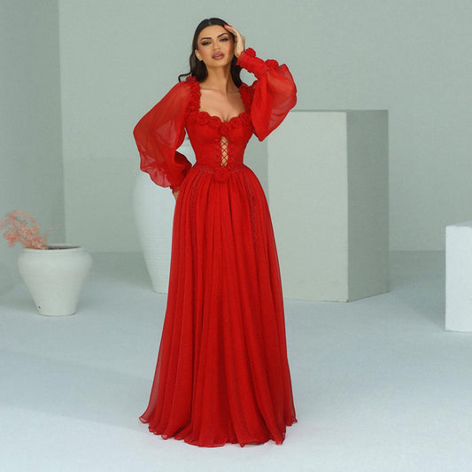 Private Clothing Socialite Summer Sexy Square Collar Three Dimensional Floral Decoration Drawstring Lantern Sleeve Dress Women