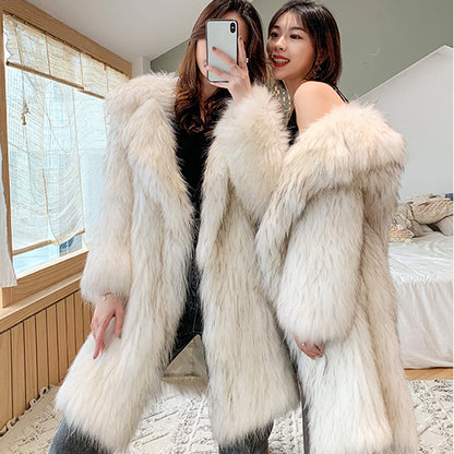 Women Raccoon Fur Coat Women Long Fox Fur Collar Fur Coat Loose Casual Trench Coat - Wanita Store