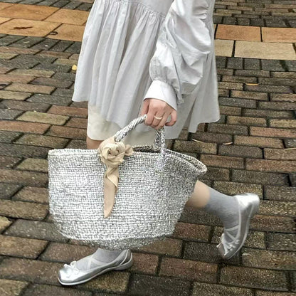 Silver Portable Straw Weaved Bag Metal Sense Large Capacity Hand Carrying Woven Bag Women Seaside Vacation Beach Bag - Wanita Store