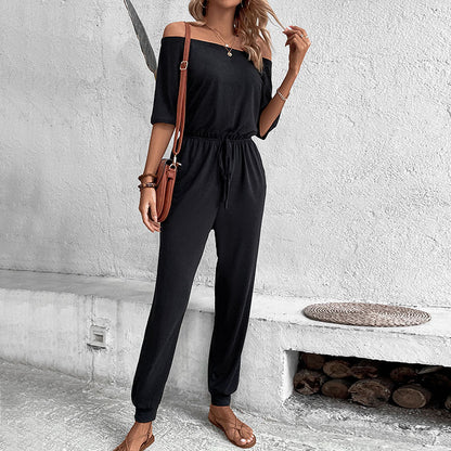 Women Casual Vacation Jumpsuit off Shoulder Solid Color One Piece Trousers - Wanita Store