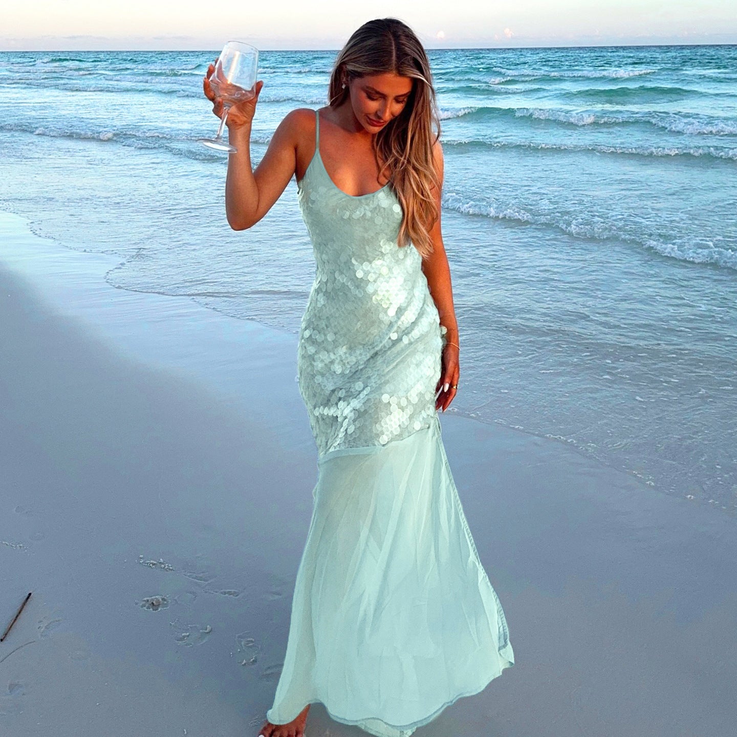 Vestido maxi de lentejuelas con tirantes de sirena costera, vestido de noche para mujer, vestido sexy sin espalda, vestido de costura para mujer