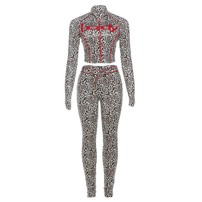 Fall Women Clothing Personalized Printed Stand Collar Top Sexy Leggings Set - Wanita Store