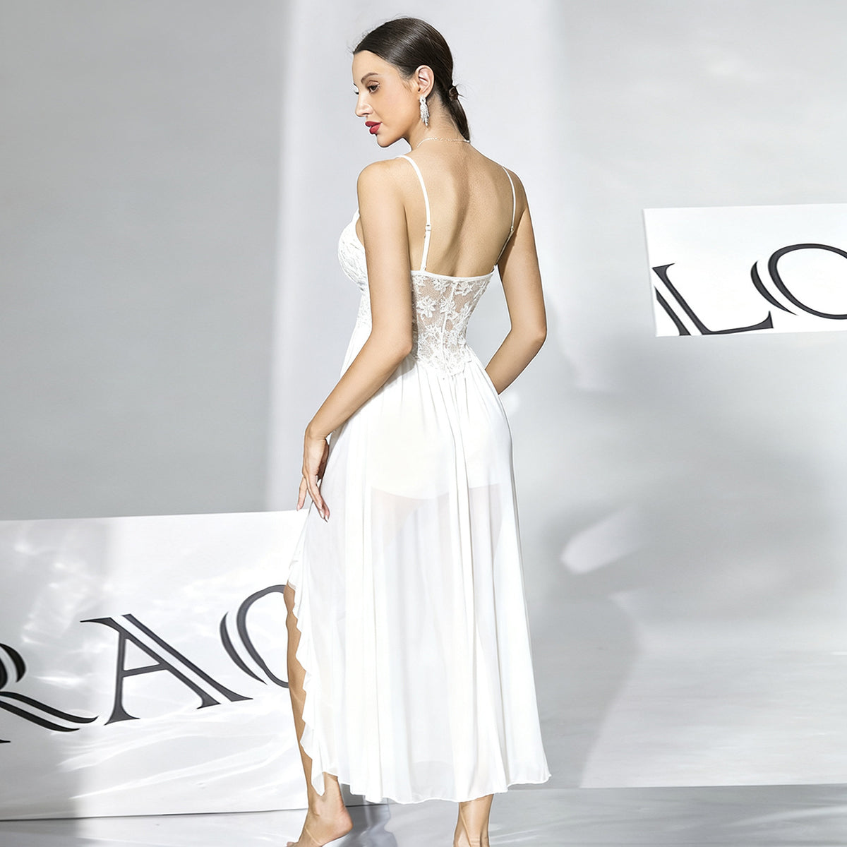 Summer Thin Sheer Mesh Maxi Dress Removable Chest Pad Lace V neck Ruffled Sleeping Dress Women