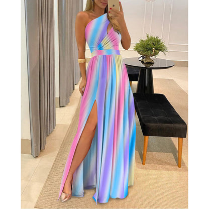 Women Clothing Slant Shoulder Dress Elegance Sleeveless Sexy High Waist Split Dress - Wanita Store