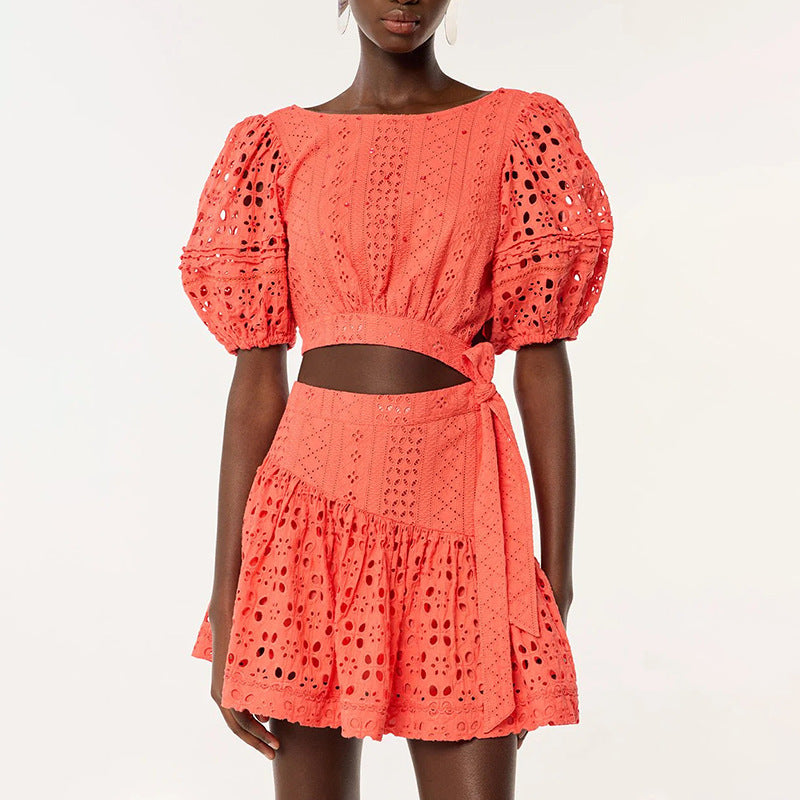 Women Elegant Short round Neck Puff Sleeve Waist Baring Dress