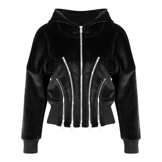 Gold Velvet Hooded for Women Autumn Thickened Composite Multi Metal Zipper Split Waist Trimming Women
