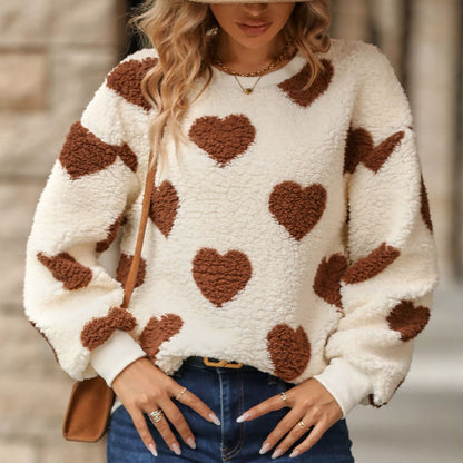 Women Clothing Autumn Winter Plush Loving Heart Printed Loose Long Sleeves Crew Neck Pullover Sweatshirt - Wanita Store