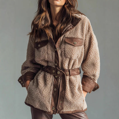 Ropa de mujer Otoño Invierno Abrigo Retro con Bolsillo de Piel Sintética, Cinturón de Cuero y Costuras de Cordero Engrosado