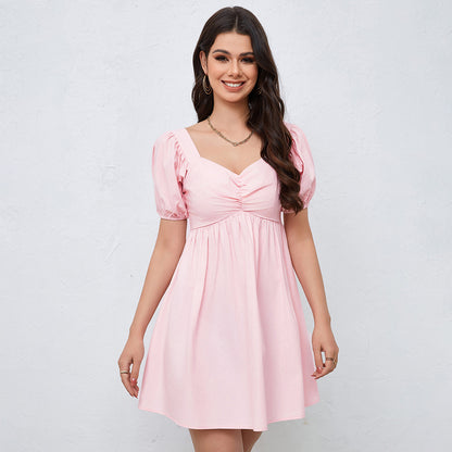 Women Sexy V neck Design Chest Pleated Slim Fit Waist Dress - Wanita Store