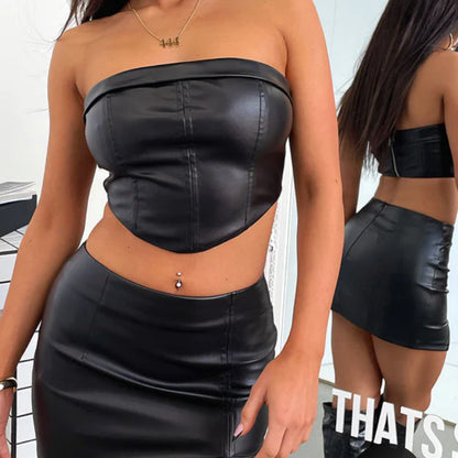 Women Clothing Summer Tube Top Backless Open Cropped Sexy Top Hip Split Skirt Set - Wanita Store
