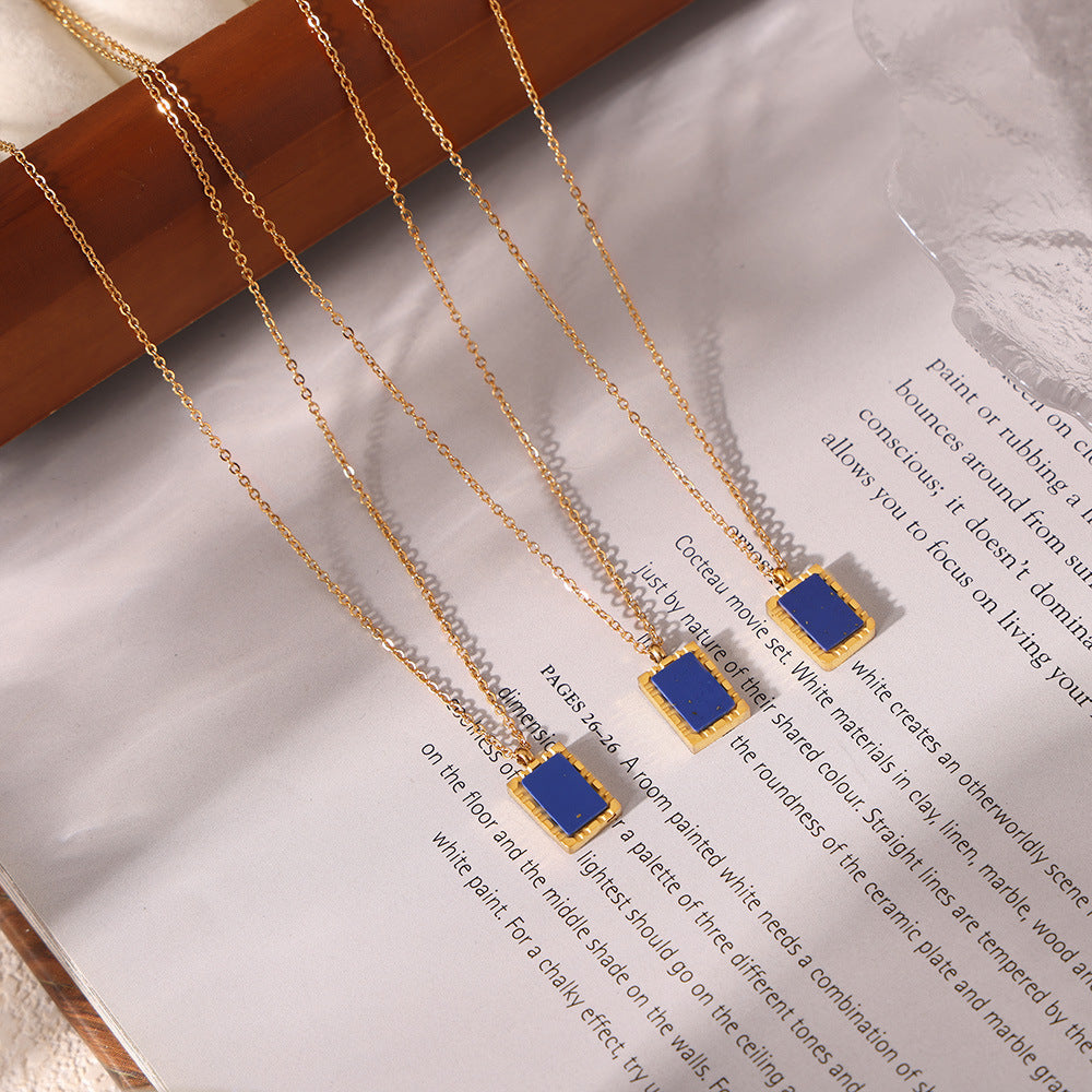 Natural Blue Lapis Lazuli Geometric Abstract Square Plate Clavicle Chain Titanium Steel Plated 18K Gold Stacked Necklace for Women - Wanita Store