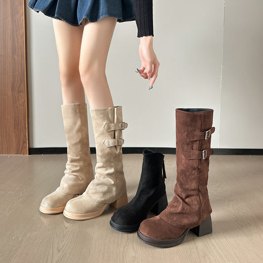 Two Way Wear Long Boots Autumn Winter Detachable Pile Boots Thick High Heel Platform High Leg Boot Retro Pantyhose Boots