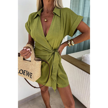 Spring Summer Lace up Turn down Collar Jumpsuit Casual Loose Vacation Jumpsuit - Wanita Store