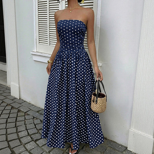 Summer Date Elegant Retro Tube Top Maxi Dress Sleeveless Polka Dot Dress Women