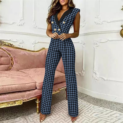 Spring Summer Women Clothing Color Matching Button V-neck Sleeveless Houndstooth Jumpsuit Business Wear for Women - Wanita Store