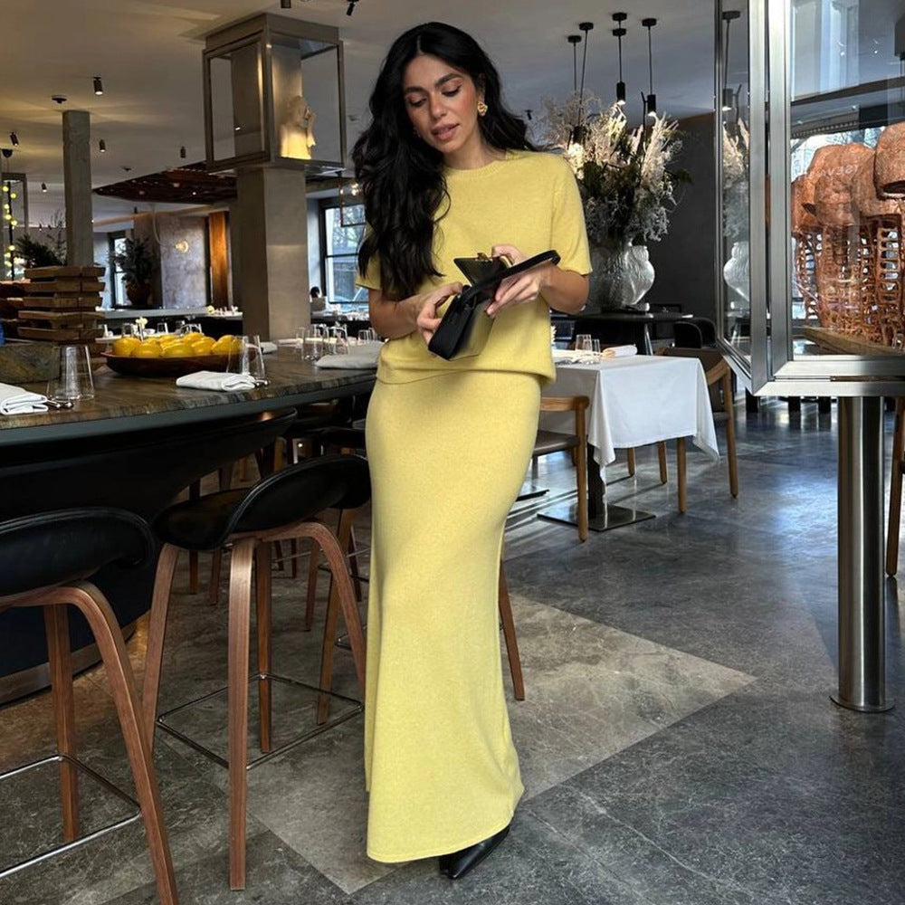 Pullover Short Sleeve Skirt Set Summer Knitting Solid Color Simple Set