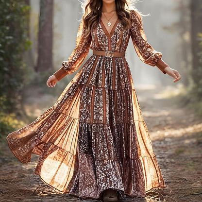 Women Printed Fashionable V neck Bohemian Maxi Dress - Wanita Store