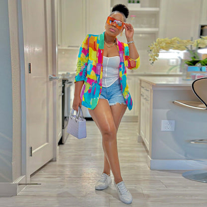 Casual Color Printing Blazer Tops - Wanita Store