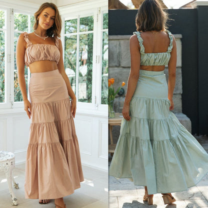 Women Clothing Solid Color Suspender Top Half-Length Large Swing Skirt Set - Wanita Store