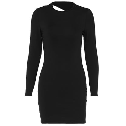 Women Clothing Summer Solid Color round Neck Backless Slim Fit Hip Bag Dress Sexy - Wanita Store