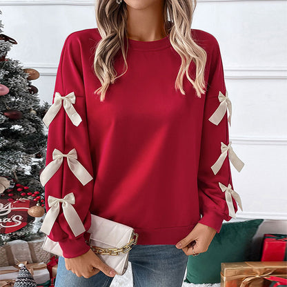Autumn Winter Top Round Neck Bowknot Red Christmas Sweatshirt for Women - Wanita Store