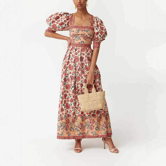Casual Print Top Square Collar Skirt Two Piece Sets