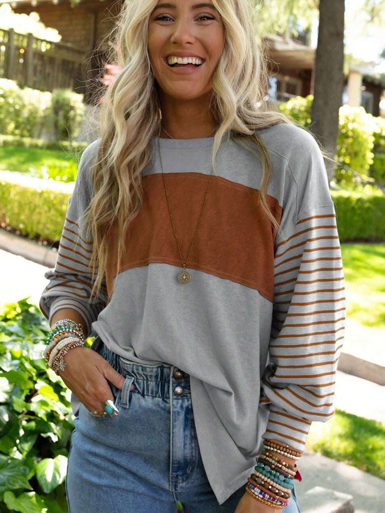 Women Clothing Spring Autumn Pullover Crew Neck Casual Striped Color Contrast Long Sleeve T Shirt Women