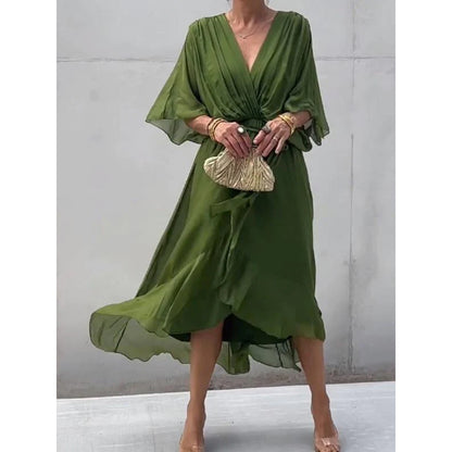 Women Clothing Solid Color Tied Maxi Dress Batwing Sleeve Irregular Asymmetric Dress - Wanita Store