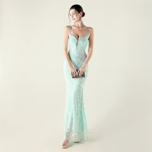 Beaded Embroidery Sequined Waist Trimming Lace up Deep V Plunge Heart Strap Evening Dress Cocktail Party