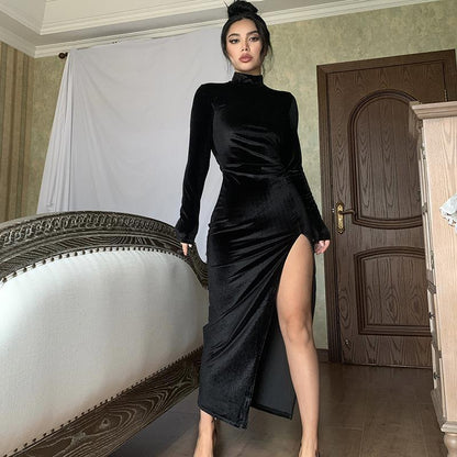 Women Clothing Autumn Winter Turtleneck Maxi Dress Slim Pleated Split Dress - Wanita Store